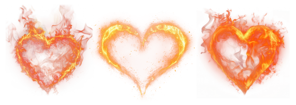Heart fire effect png element set on transparent background
