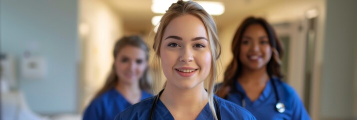 Nursing student standing with team in hospital, dressed in scrubs
