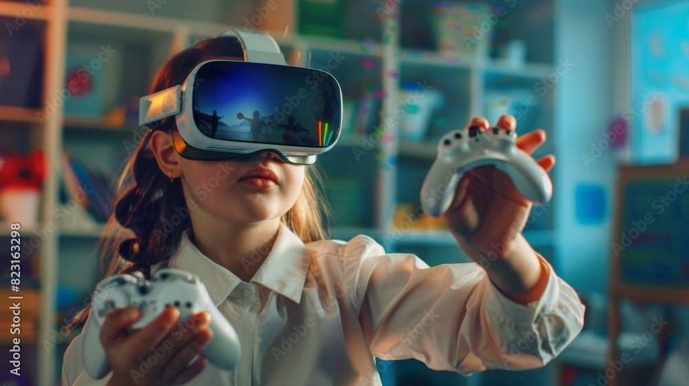 Poster computer science class: excited, curious and interested girl learns lessons in virtual reality using