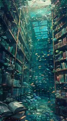 Surreal underwater library filled with floating books and fish, lit by gentle sunlight from above. A magical and fantastical scene.