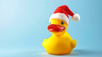 A festive rubber duck wearing Santa hat. Fun holiday image for Christmas themes. Perfect for holiday promotions and childrens content. Bright and cheerful design. AI