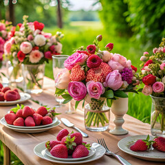 wedding table in nature bouquets of pink peonies
