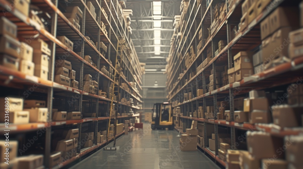 Poster the warehouse contains shelves with goods in cardboard boxes. workers scan and sort packages and mov