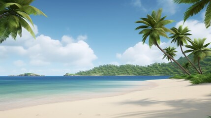 Tropical beach with palm trees and clear blue water under a sunny sky, ideal for relaxation and vacation. Lush greenery in the background.