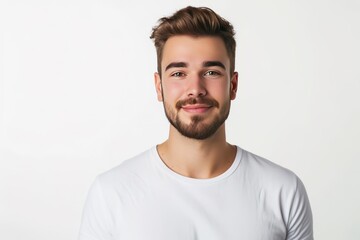Obraz premium A young man in a white t shirt on a white background.