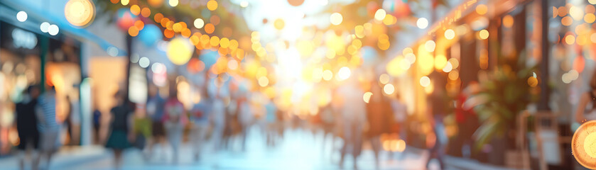 Blurred image of a vibrant street market with colorful lights and people walking, capturing the essence of nightlife and festivity.