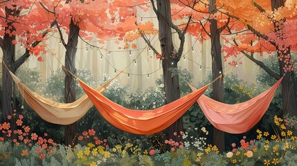 Summer Time, Pastel Hammocks Among Blooming Trees: A serene drawing of pastel-colored hammocks strung between blooming trees at a campsite, perfect for a relaxing spring day. Illustration image,