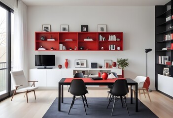 Luxury home living room interior with table and chairs, shelf, and mockup wall. 3D rendering