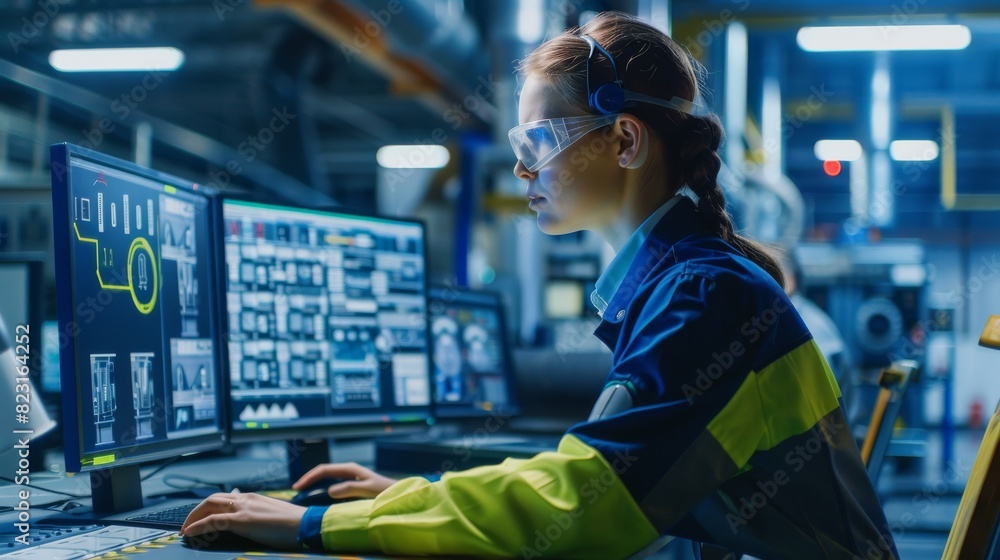 Poster in an industry 4.0 modern factory, an operator controls a production line using computers, displays 
