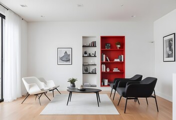 Luxury home living room interior with table and chairs, shelf, and mockup wall. 3D rendering