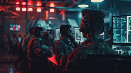Managing National Security, Technology, and Army Communications by military surveillance team wearing headsets in a central office.