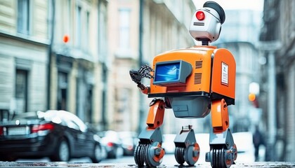 An orange utility robot equipped with a camera and claw arm, navigating a busy urban sidewalk among cars and buildings. AI Generation
