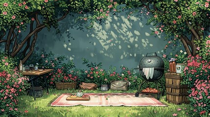 Summer Time, Pastel Picnic Setup at Campground: A drawing of a pastel-themed picnic setup at a campground, with blooming flowers and a BBQ grill. Illustration image,