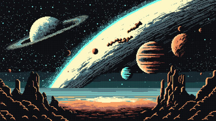 8 bit pixel art space planet surface landscape and starry galaxy. Ai generated game scene background, featuring pixelated mountains, rocks and cosmic spheres in the sky, creating mesmerizing starscape