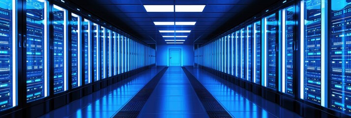 Futuristic Data Center Server Room with Blue Lighting