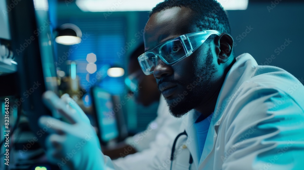 Poster an electronics development facility with black engineers and a multi-ethnic team of scientists worki