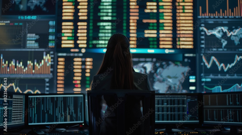 Poster the image shows a confident female data scientist working in a control room with a team of stock mar