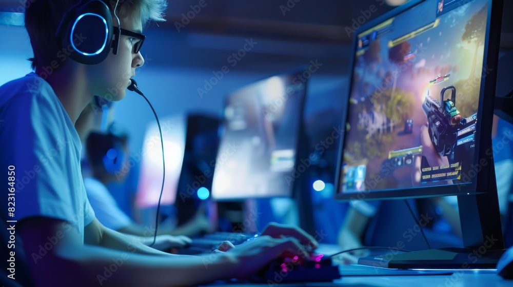 Poster playing first person shooter video game on personal computer. professional esports gamer trying to b
