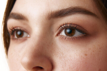 Obraz premium Close up of female eyes. Cropped photo of preorbital zone with well-kept skin of young woman. Correction. Concept of beauty, make up, natural cosmetic, facecare, healthcare. Ad