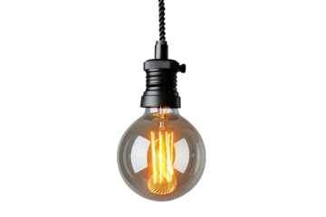 Black illuminated electric lamp hanging from ceiling isolated on white background