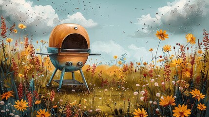 Summer Time, Pastel-colored BBQ Grill in Blooming Meadow: A cheerful drawing of a pastel-colored BBQ grill set in a blooming meadow, ready for a spring cookout. Illustration image,