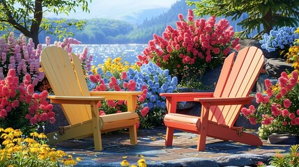 Summer Time, Pastel-colored Camp Chairs and Flowers: An illustration of pastel-colored camp chairs set among blooming flowers, perfect for a spring camp scene. Illustration image,