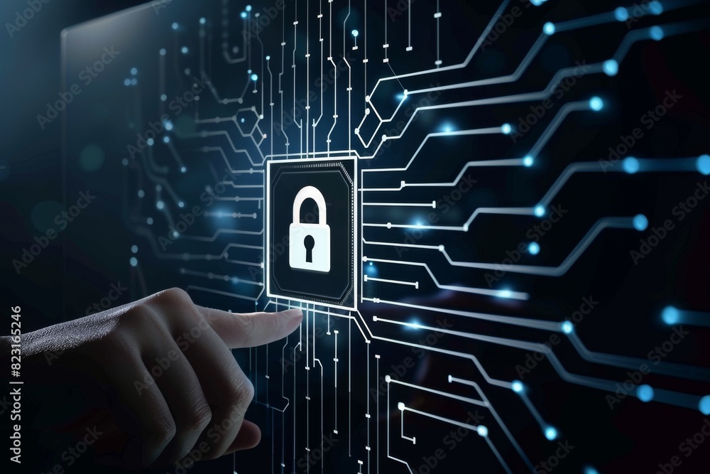 Poster hand interacting with cybersecurity interface and blue circuit design