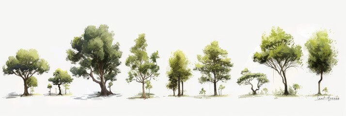 Variety of Stylized Trees on White Background
