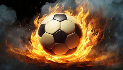 Fototapeta premium Soccer ball engulfed in flames against a black background, art design