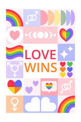 Geometric celebration card for Pride Month with text Love wins. Trendy design with simple shapes. Icons with different hearts, gender symbols, rainbow.  Layout for card, poster, advertising, banner