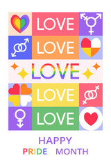 Geometric greeting card for Pride Month with colorful typography Love. Modern design with simple shapes. Icons with gender symbols, hearts.  Template for poster, flyer, banner, cover