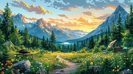 Summer Time, Spring Camp Activities with Pastel Tones: An illustration of various camp activities like hiking and BBQs, all set in a pastel-toned spring landscape. Illustration image,