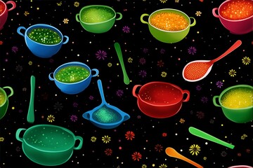 Colorful Holi Pattern with Bowls of Powder in All Hues Background