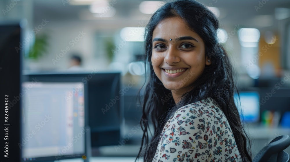 Poster this image showcases an attractive indian it professional working at a desktop computer, smiling and