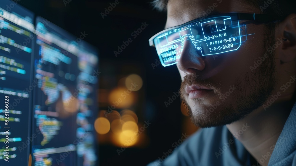 Poster male startup entrepreneur working on computer, reflecting code in glasses. it developer working on i