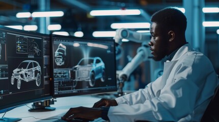 Black engineer works on computer screen, monitors show 3D CAD software, high-tech electric vehicle assembly line monitored by automated robot armed assembly line.