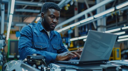 Young African American engineer with laptop computer working in an office at a car assembly plant. Industrial specialist at a technological development center working on vehicle parts.