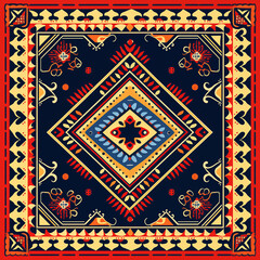print design in the style of ethnic carpet patterns, Aztec art and African textile designs. Red blue yellow orange