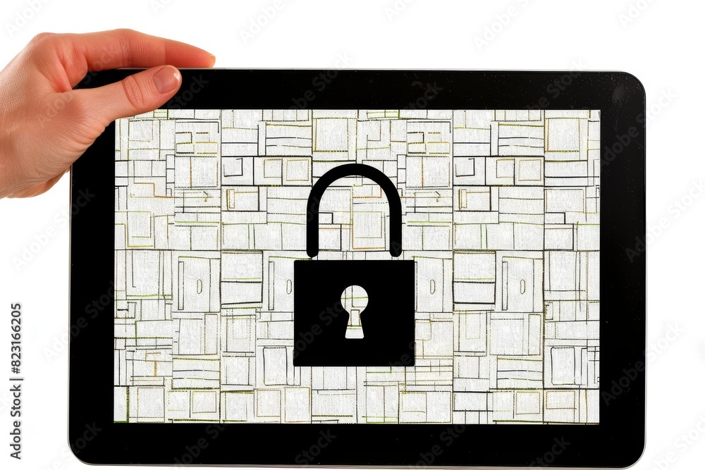 Poster secure lock icon on tablet screen with hand interaction