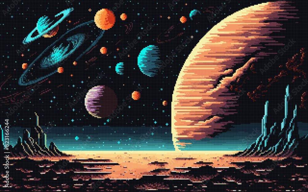 Wall mural generative ai. alien space planet surface landscape. ai generated 8 bit pixel art game scene. jagged