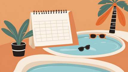 Illustration of calendar, swimming pool and palm trees. Summer vacation and holiday concept. Booking and planning summer trip