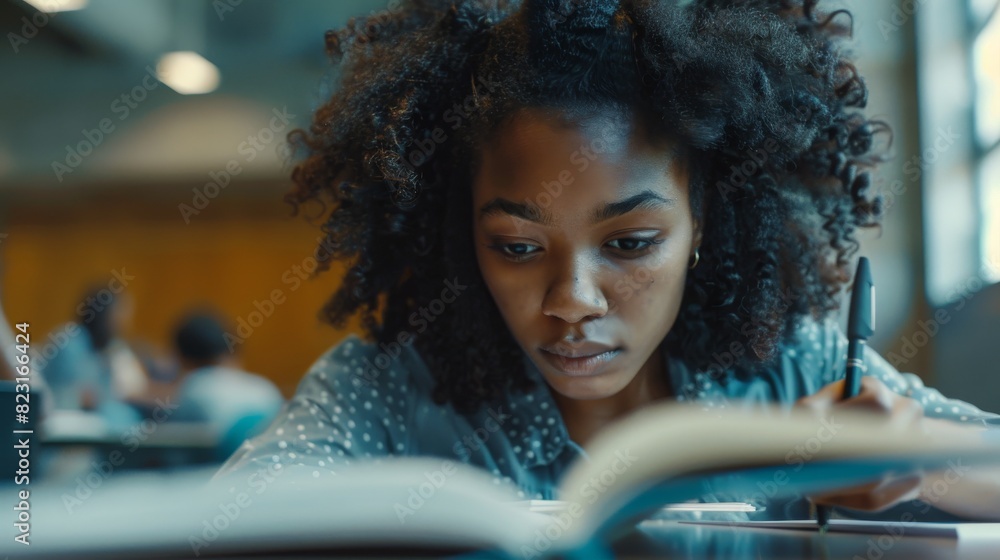 Poster a woman of african descent studying at a modern university with multiethnic classmates. a classroom 