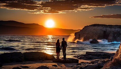 A couple stands on a rocky coast gazing at a stunning sunset, with dramatic waves and a vivid sky creating a memorable scene.. AI Generation