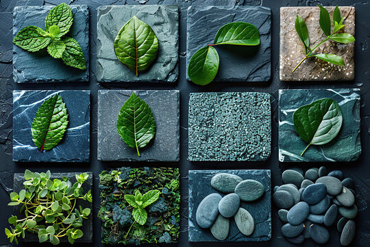Leaves of various plants and smooth sea stones are neatly laid out on separate stone podiums. Elegant composition. Beauty of nature. Products and services in the field of ecology and natural cosmetics