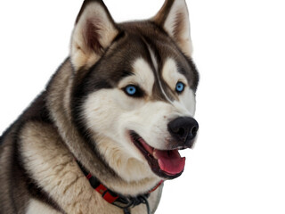 Funny and playful husky or pet dog is playing and jumping and looks happy isolated on transparent background. Little husky dog pretending. Cute and happy crazy dog ​​head smiling on transparent png