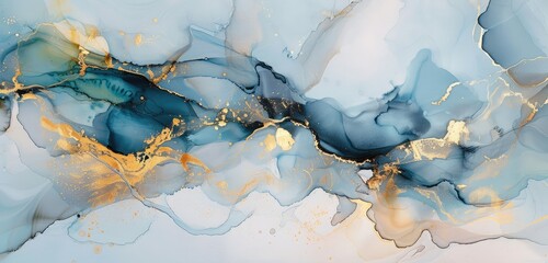 Abstract Ink Art in Blue and Gold Panoramic View