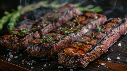 Juicy grilled steak seasoned with herbs and spices, served with a garnish on a rustic wooden board, emitting delightful aromas.