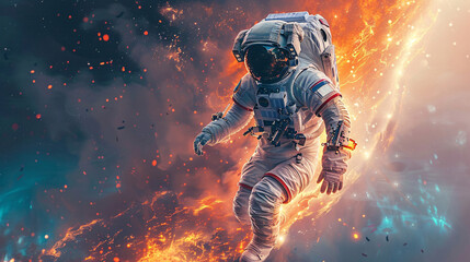 Fototapeta premium Attractive astronaut on a mission, with a glowing purple space background