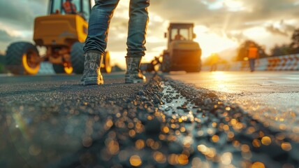 A construction worker standing on a freshly paved road with heavy machinery in the background during sunset, showcasing road construction work.