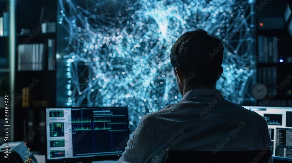 Poster engineer in system administration and machine learning programming at his workstation. man plans and